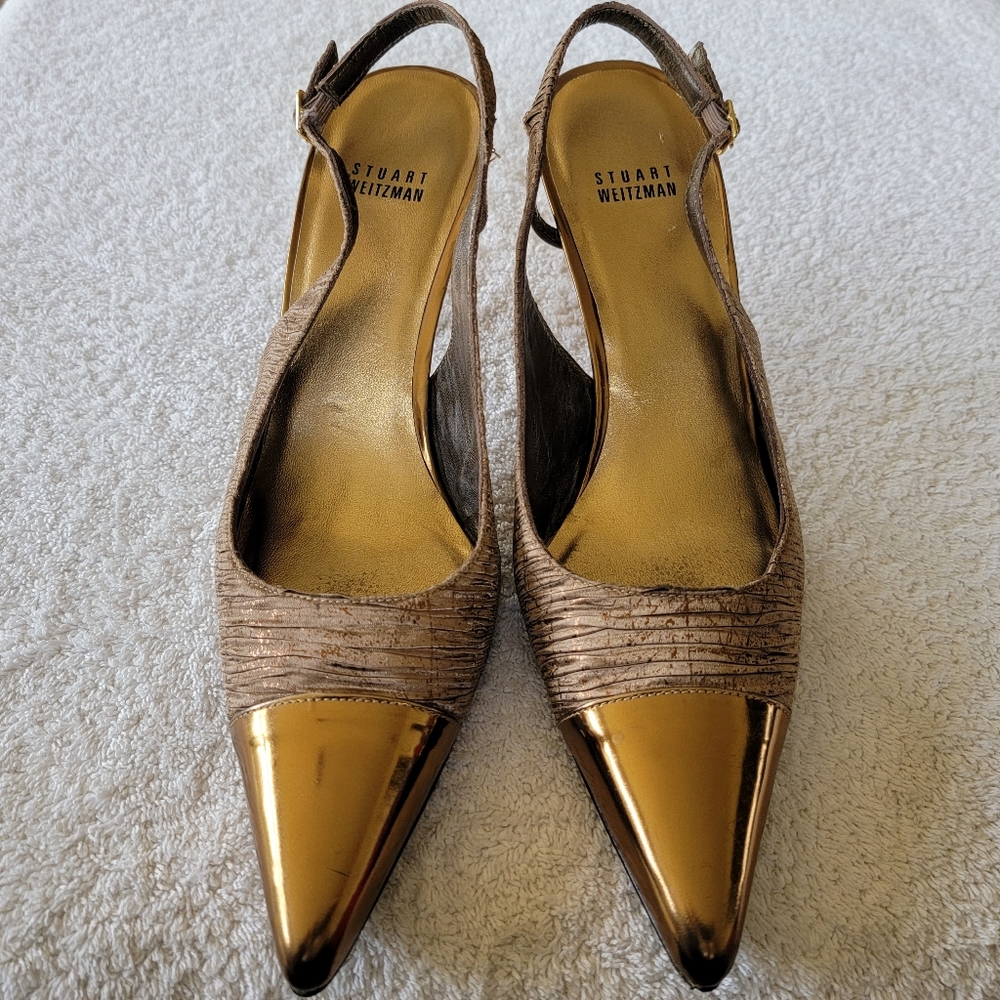 Stuart Weitzman Shiney Gold Sling Back Heels